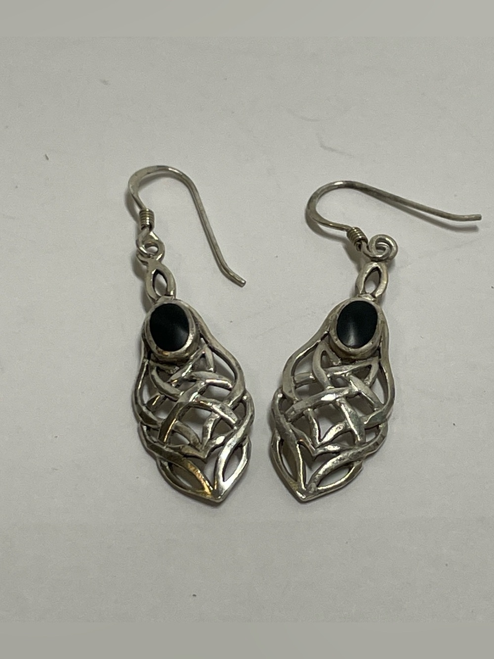 Vtg Elegant Celtic Knot Black Onyx Earrings Silver Dangle Earrings 925, 3.44g